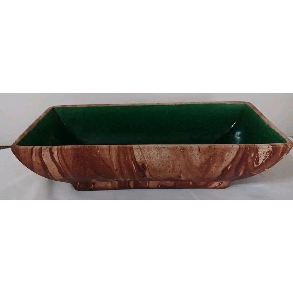 Vtg Romco Rocky Mountain Pottery Planter Faux Wood Grain Green Glaze Int. READ